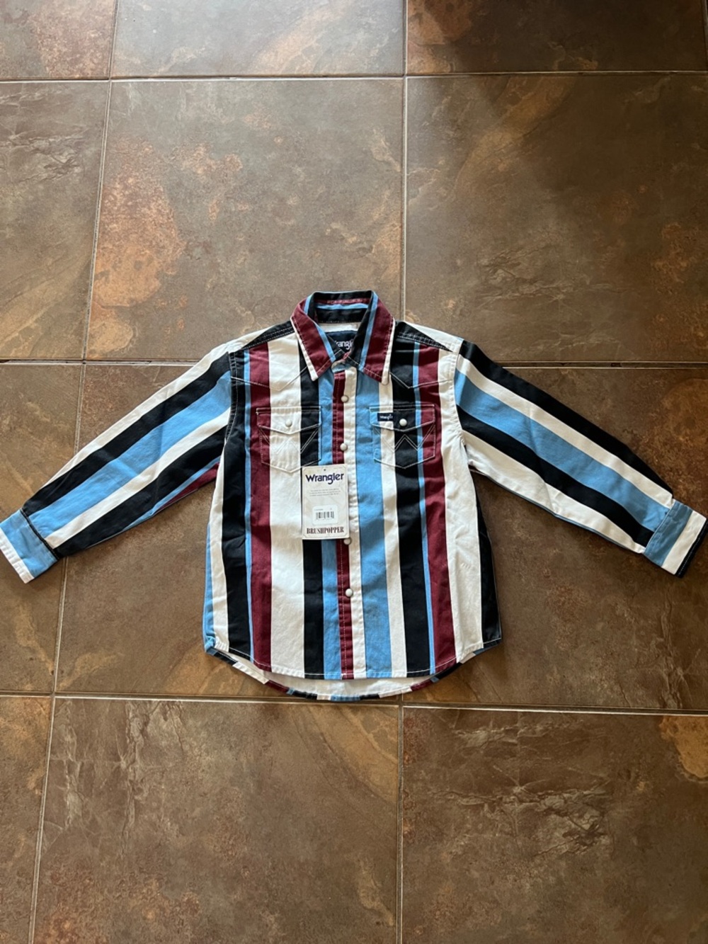 Wrangler Boy’s Striped Button-Down Shirt in Blue, Black & Maroon